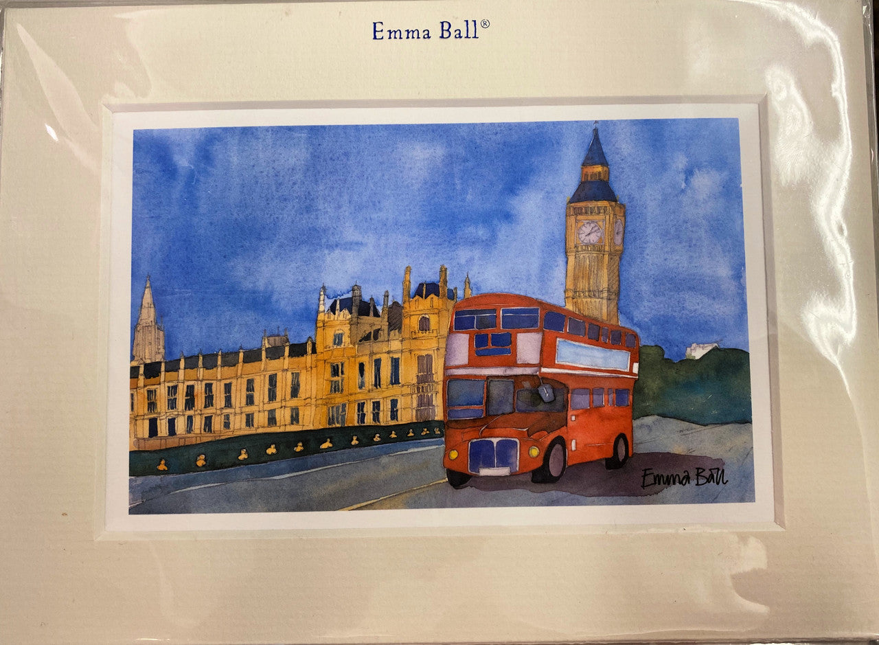 Mounted print of The Houses of Parliament London with a London Bus by Emma Ball.