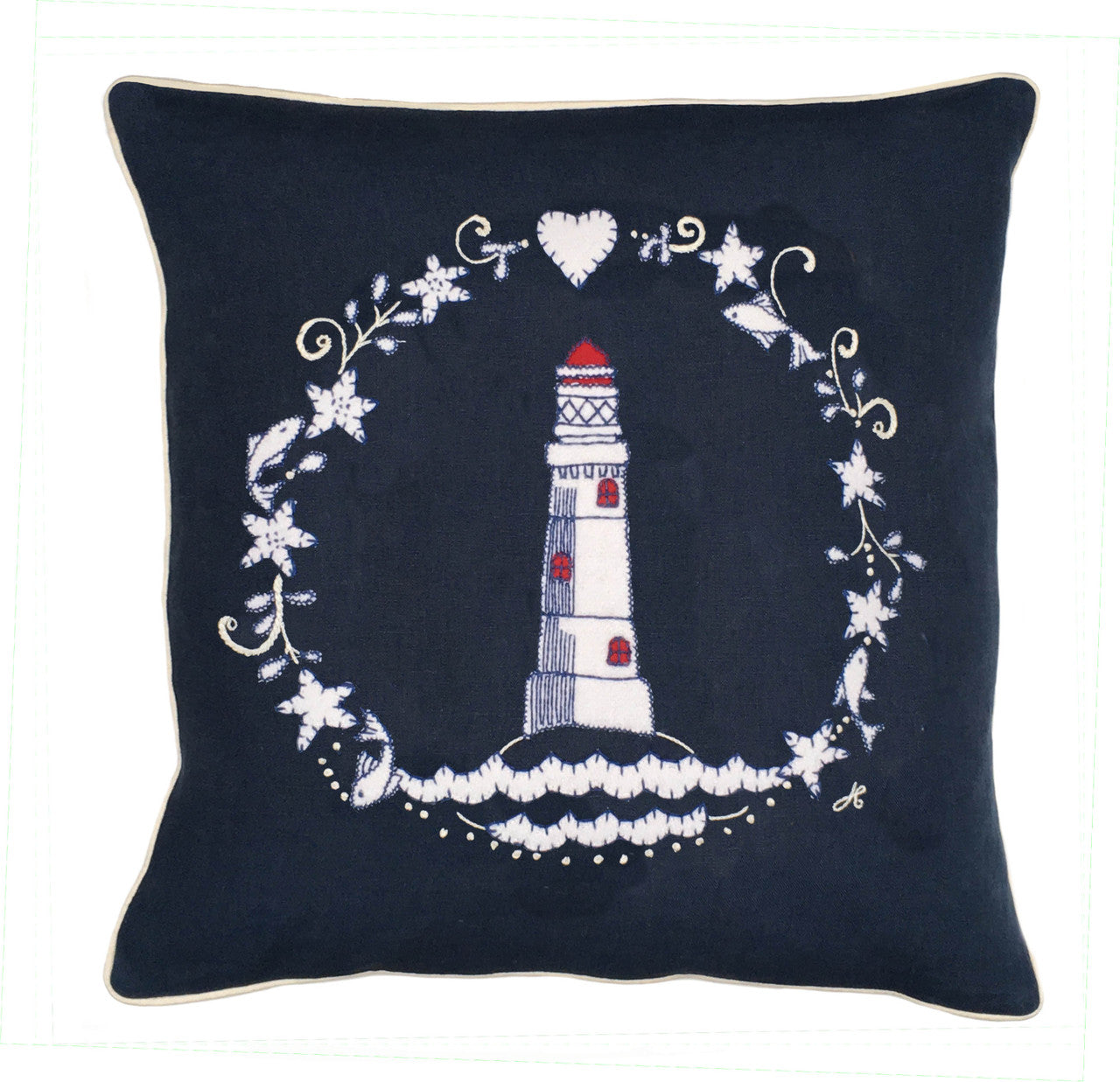 Jan Constantine lighthouse wreath hand-embroidered cushion.