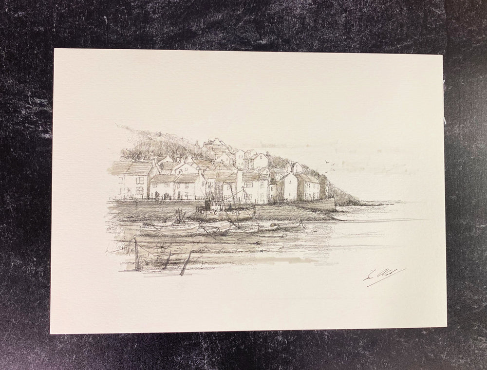 The Fishing Village Print by British Artist Sean Webb - Black & White