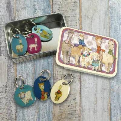 Alpaca and Friends Set of 6 Stitch Markers in a Pocket Tin from Emma Ball.