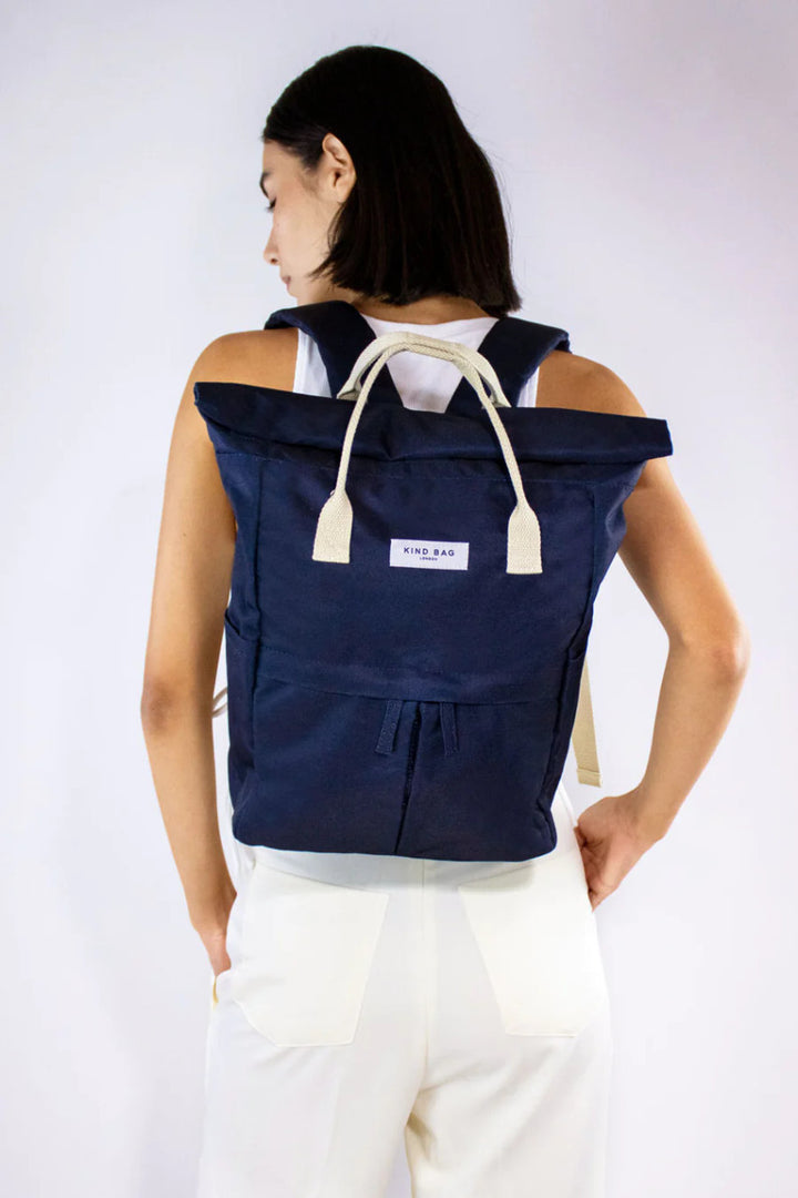 Navy “Hackney” Medium Backpack made form 100% recycled plastic bottles from Kind Bag London