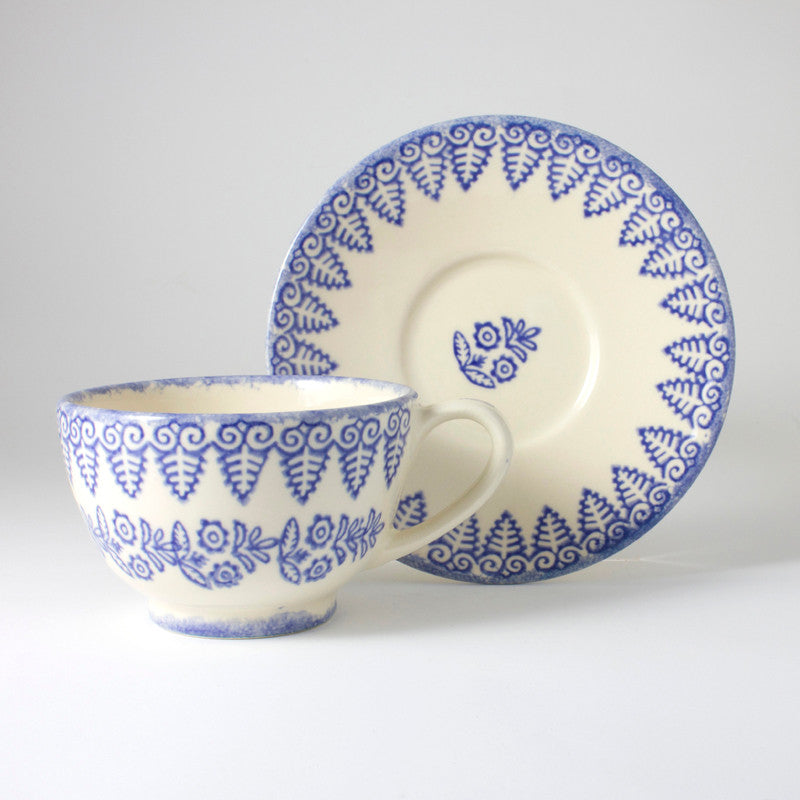 Brixton Pottery Lacey Blue handmade pottery breakfast cup and saucer