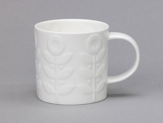 Repeat Repeat's White Bone China Medium Tom Tom Laurel mug. Made in England.