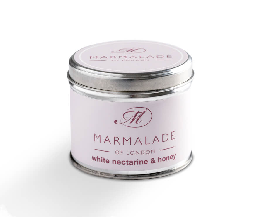 White Nectarine & Honey medium tin candle from Marmalade of London.