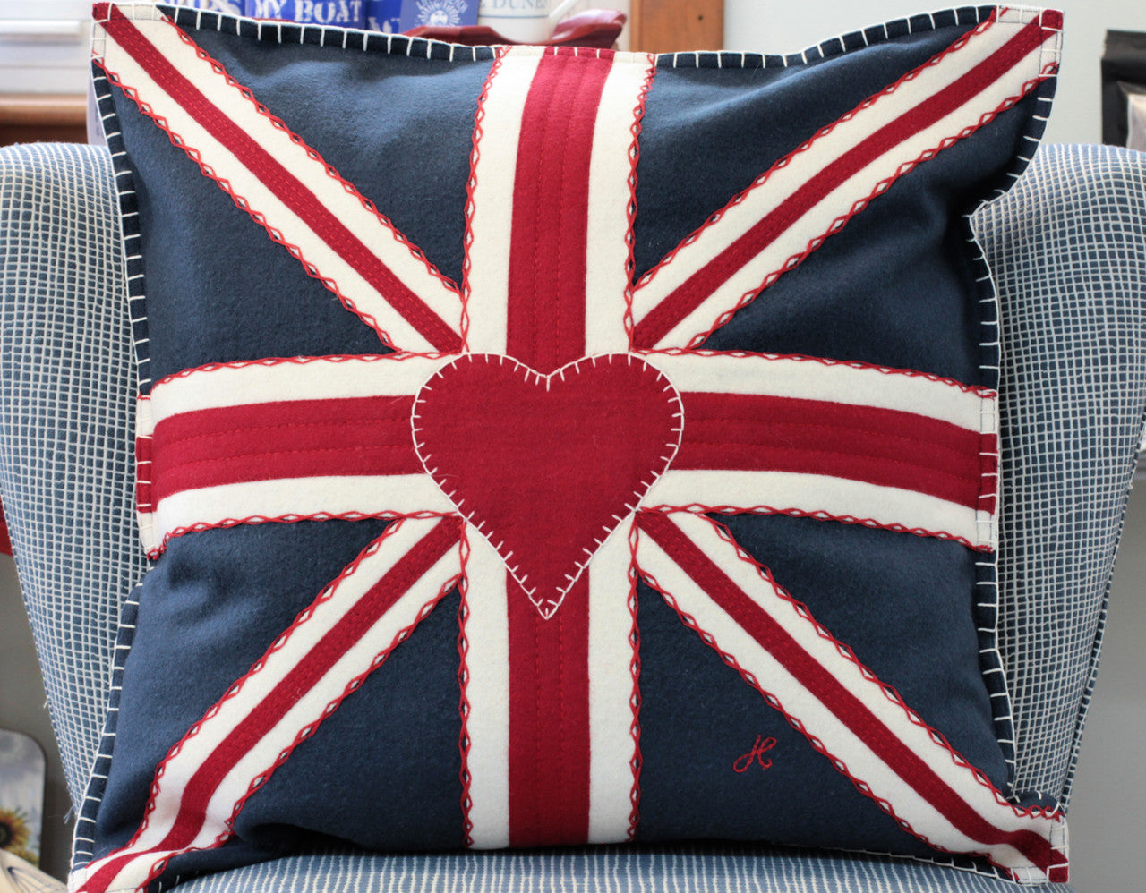 Hand-embroidered Union Jack Square Navy Pillow from British designer Jan Constantine.