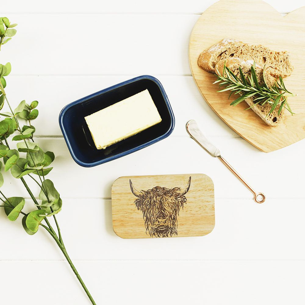 Highland Cow Blue Butter Dish by Selbrae.