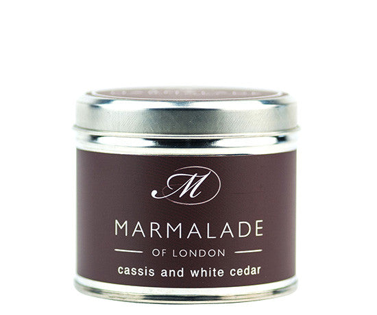 Cassis & White Cedar medium tin candle from Marmalade of London.