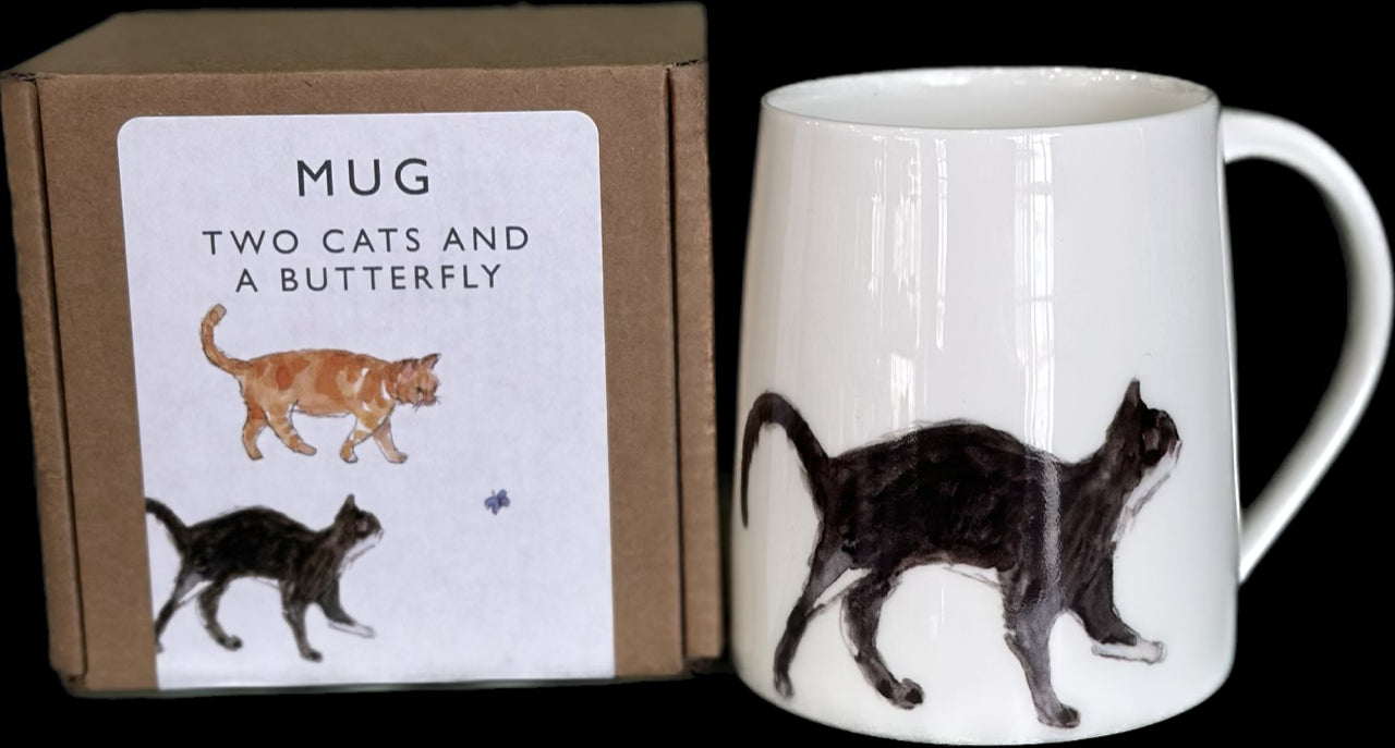 Two Cats and a Butterfly Mug Bone China Mug by Helen Beard.
