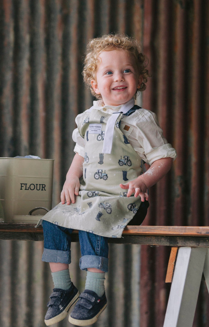 100% Cotton Tractor Country Farm  Kids Apron By Designer Laura Fisher