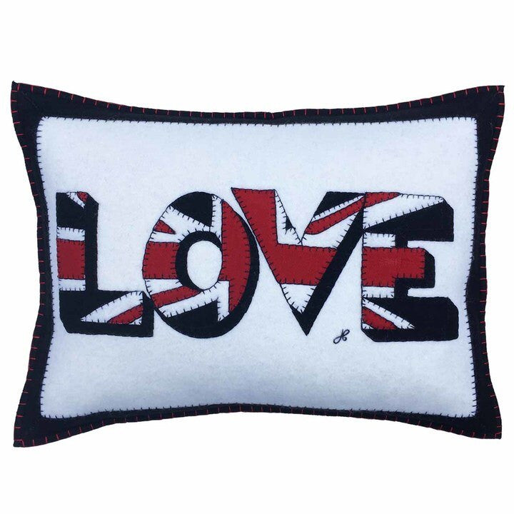 Jan Constantine UnionJack Love hand-embroidered felt cushion in cream.