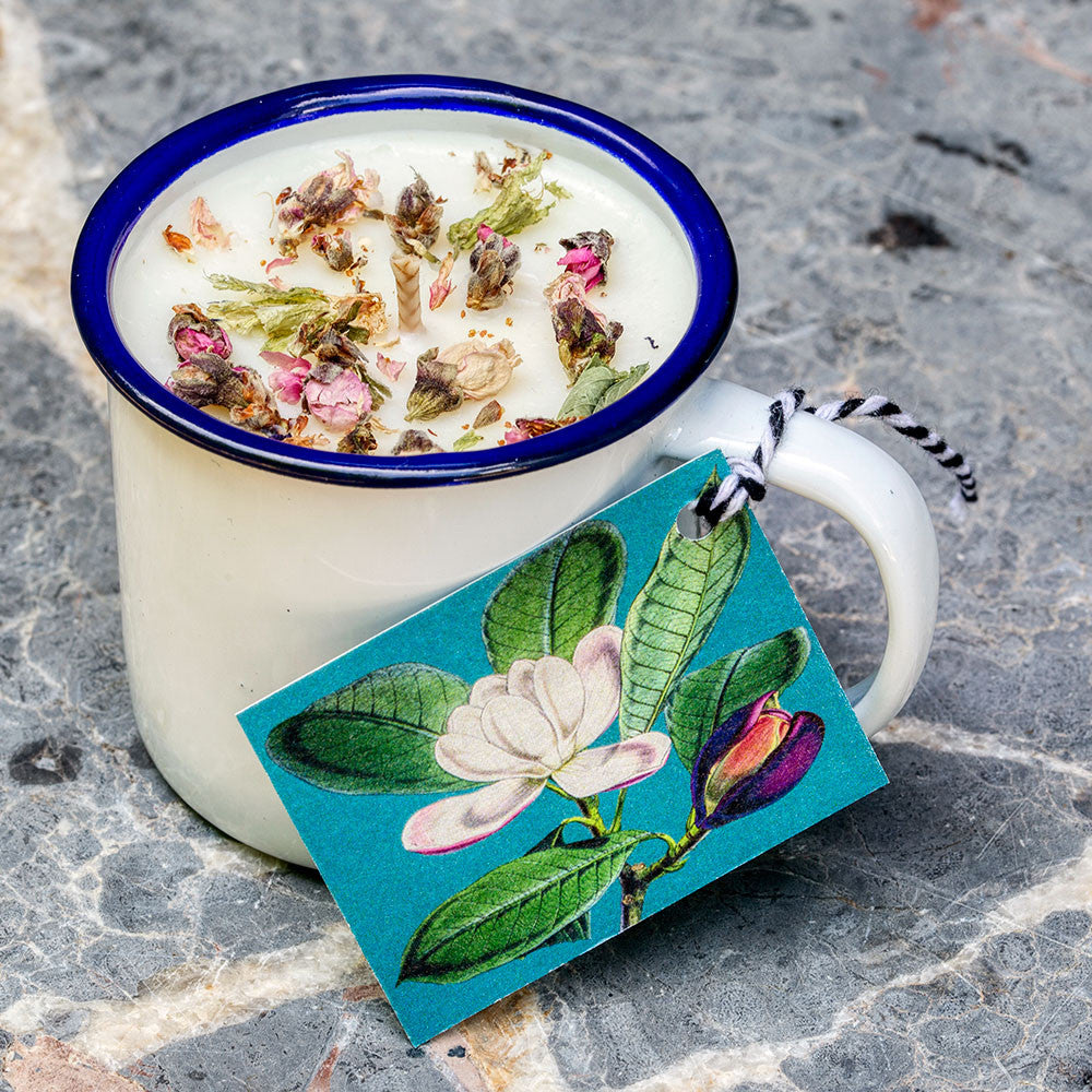 Herb Garden Lemongrass & Basil Enamel Cup Candle by Madame Treacle.