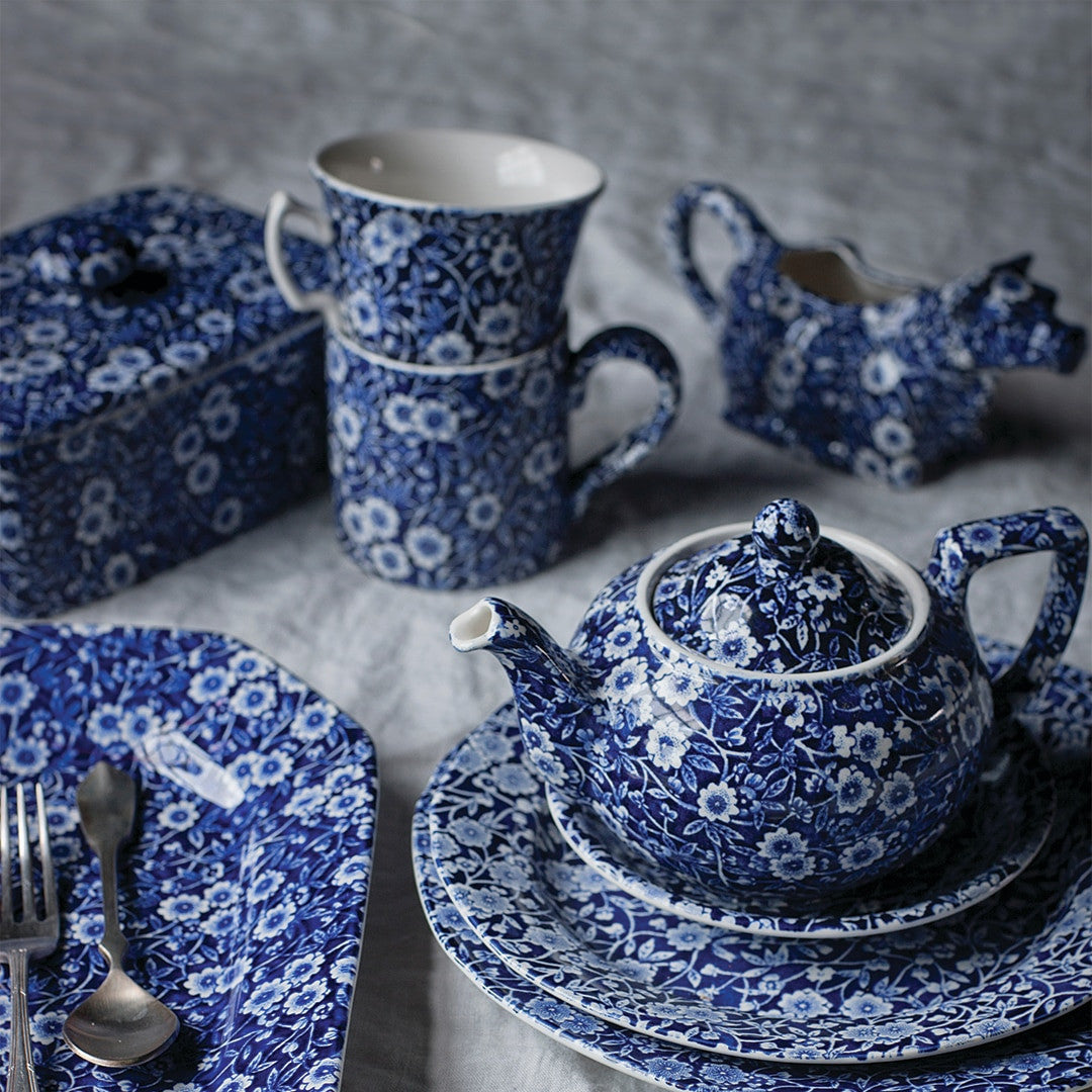 Burleigh Blue Calico Cow Creamer Boxed. Handmade in England.
