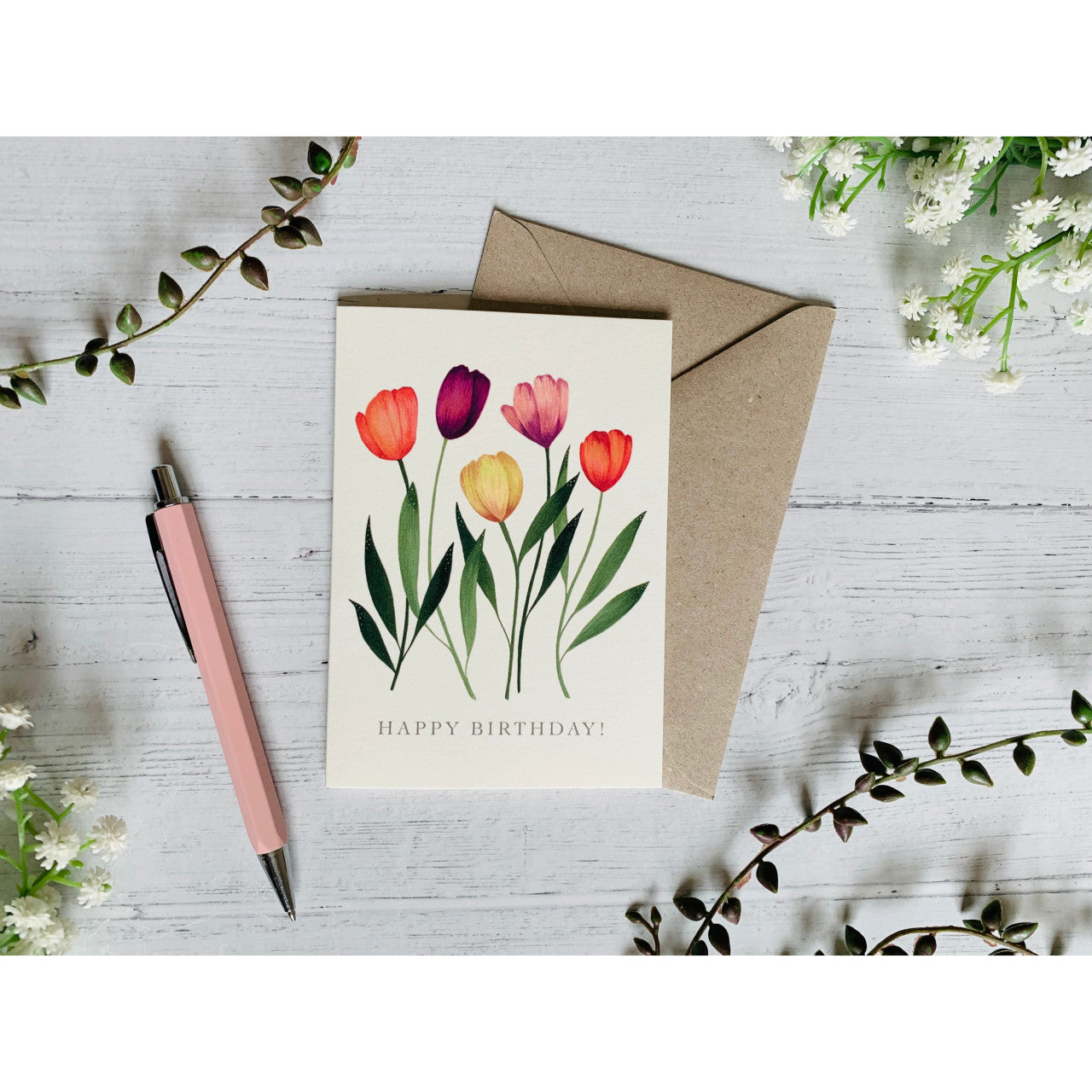 Happy Birthday Tulips Greeting card by Becky Amelia.