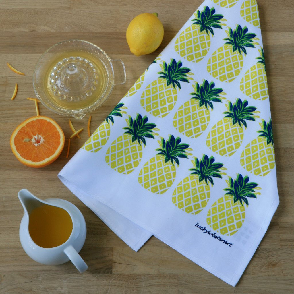 Pineapple tea towel with design from the original lino print artwork from Lucky Lobster Art in England.