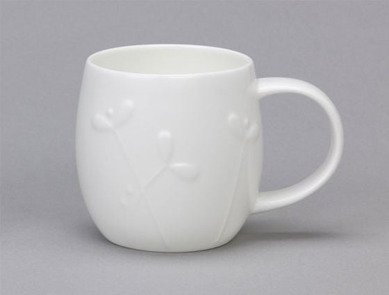 Repeat Repeat's White Bone China Plum Cress mug. Made in England.