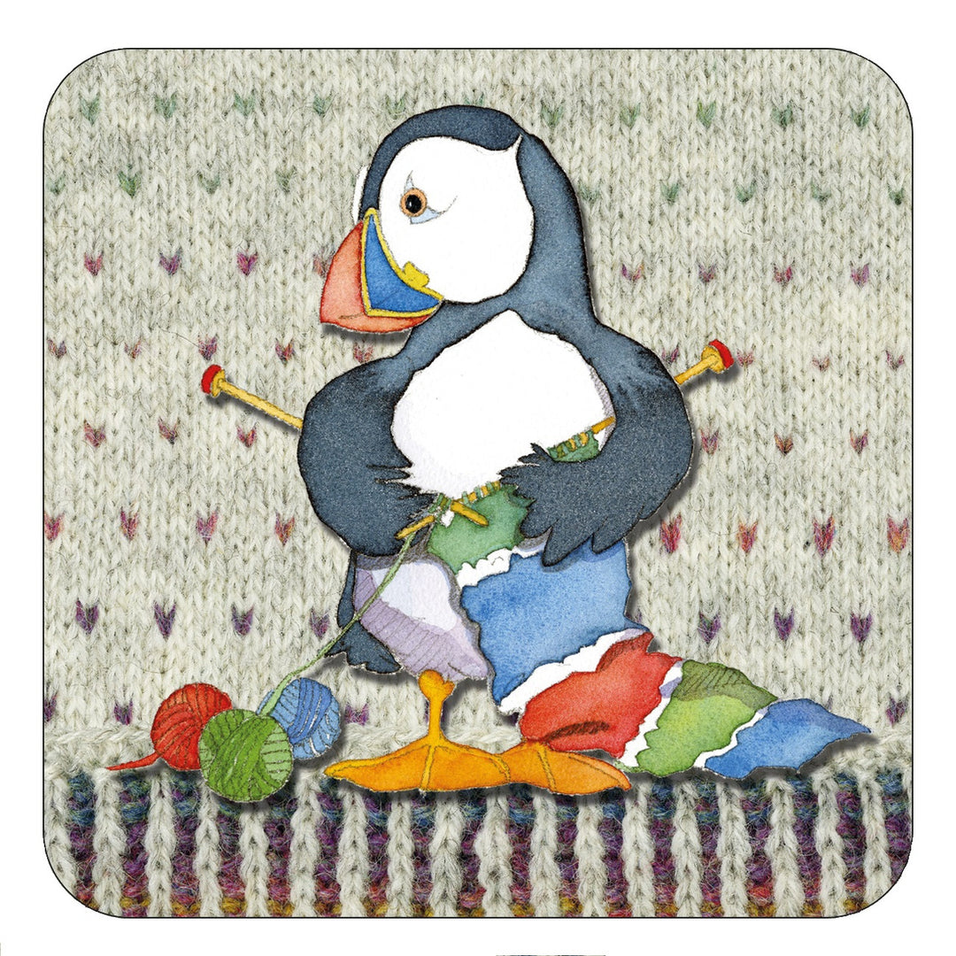 Knitting Woolly Puffins Coaster by Emma Ball.