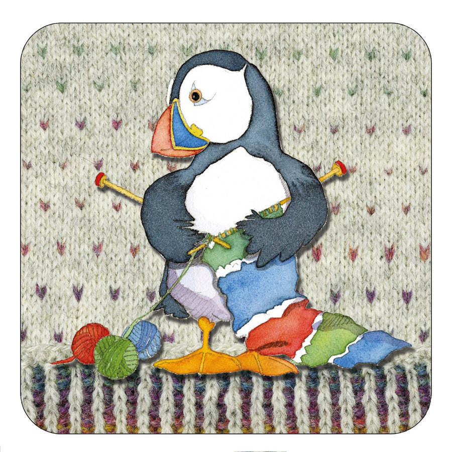 Knitting Woolly Puffins Coaster by Emma Ball.