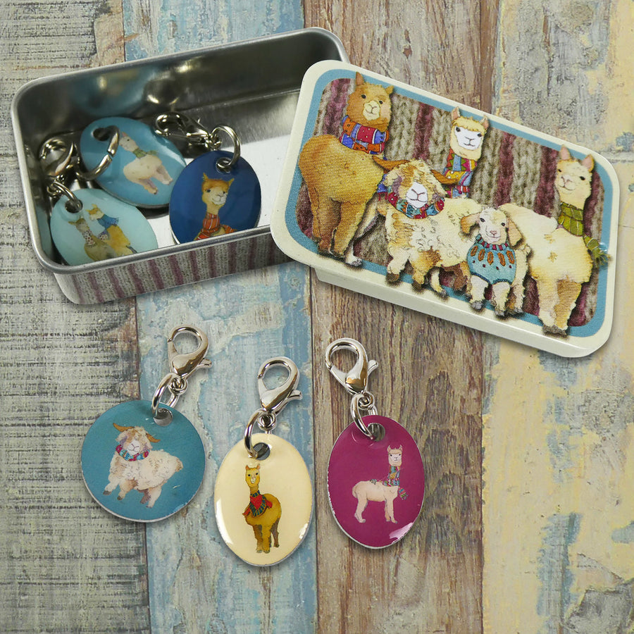 Alpaca & Friends Set of 6 Stitch Crochet Markers in a Pocket Tin from Emma Ball.