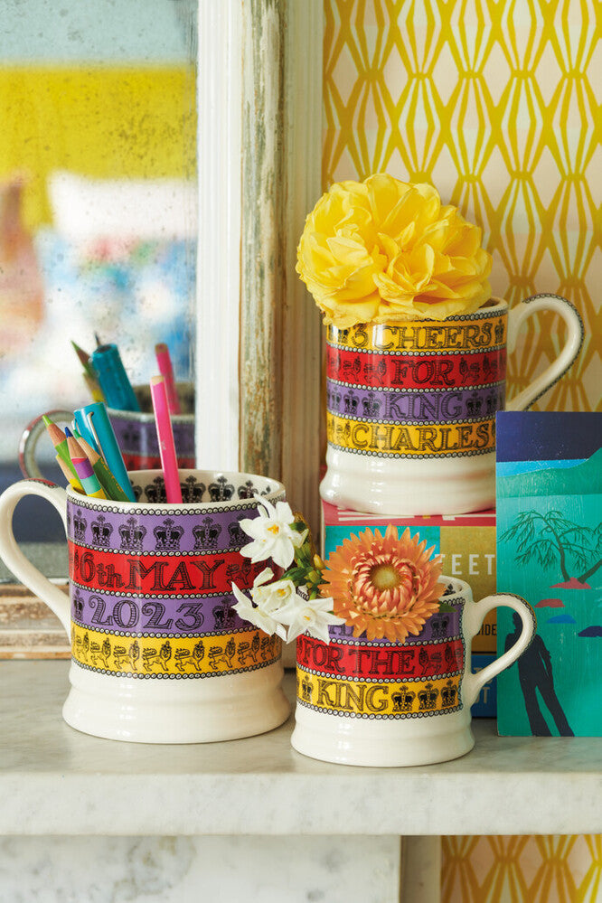 3 Cheers for King Charles III 1/2 Pint Mug by Emma Bridgewater. Handmade in England.