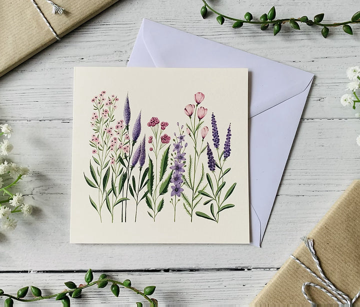Pink and Purple Wildflower Greeting card by Becky Amelia.