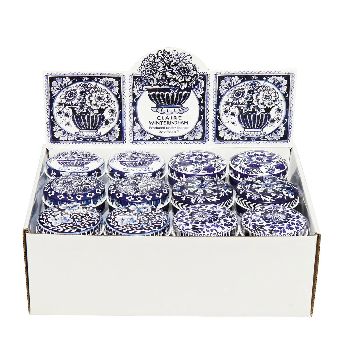 Blue and White mini round tins by Claire Winteringham 