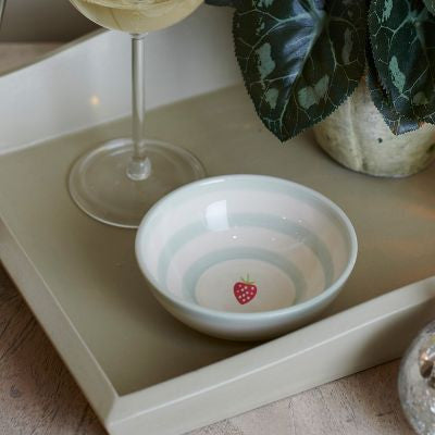 Susie Watson pottery Blue Stripe and Strawberry Mini dish/Teabag holder.