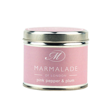 Pink Pepper & Plum medium tin candle from Marmalade of London. Image