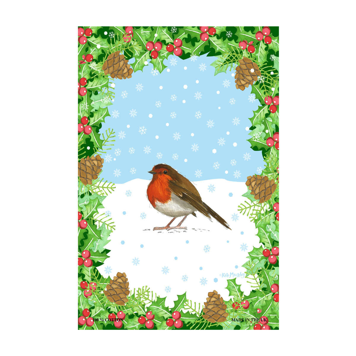 Holly and Robin Cotton Tea Towel by Samuel Lamont.