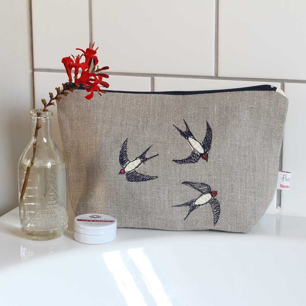 Swallows Embroiedered Lined Make Up Bag by Poppy Treffry