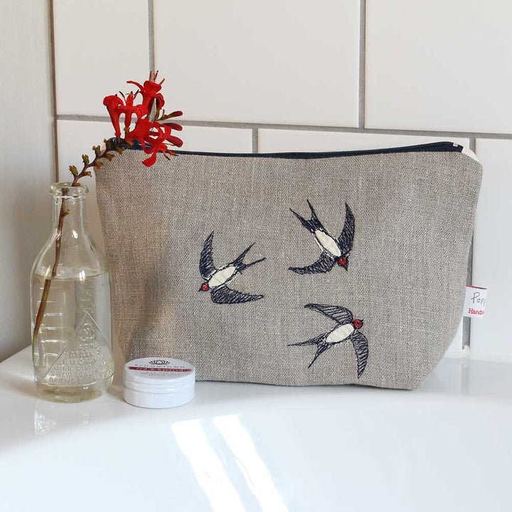 Swallows Embroiedered Lined Make Up Bag by Poppy Treffry