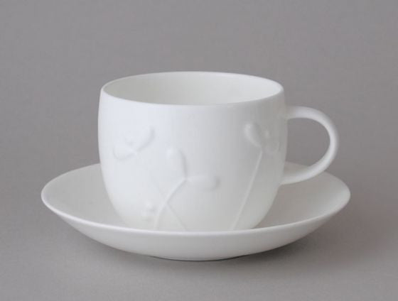 Repeat Repeat's White Bone China Plum Cress Teacup & Saucer. Made in England.