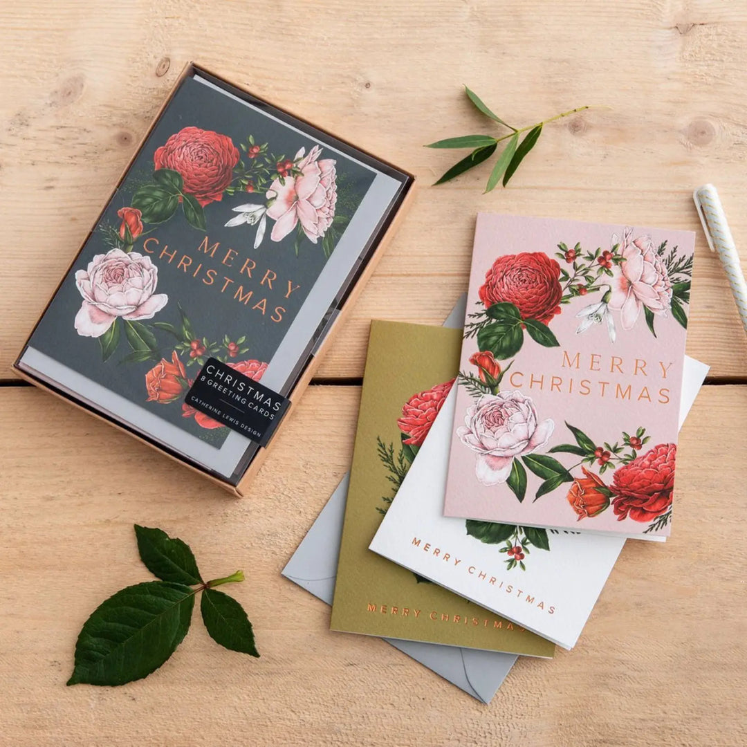 Berry Roses Range - Box of 8 Luxury Botanical Christmas Cards