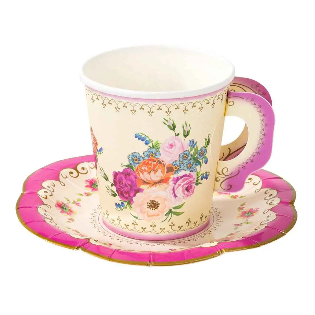 Vintage Paper Teacups and Saucers Set - 12 pack 