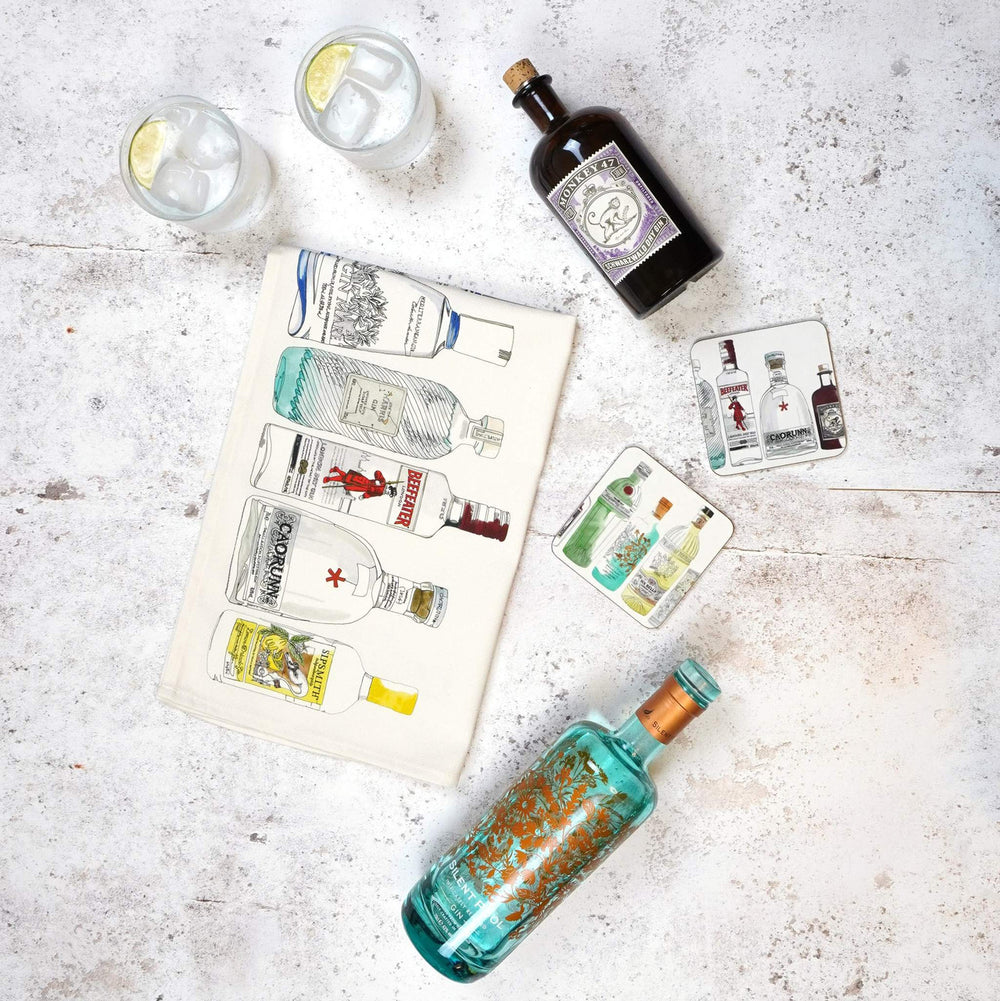 Ten Gin Bottles Tea Towel by Corinne Alexander.