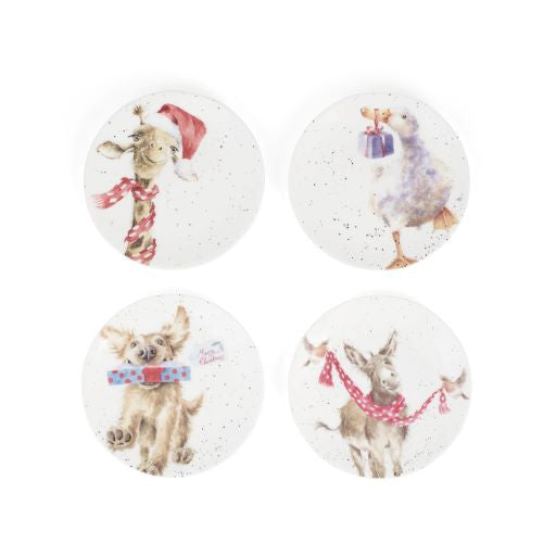 Set of 4 Festive 6.5 Inch Coupe Plates  (Giraffe, Duck, Dog, Donkey) from Wrendale Designs by Royal Worcester.