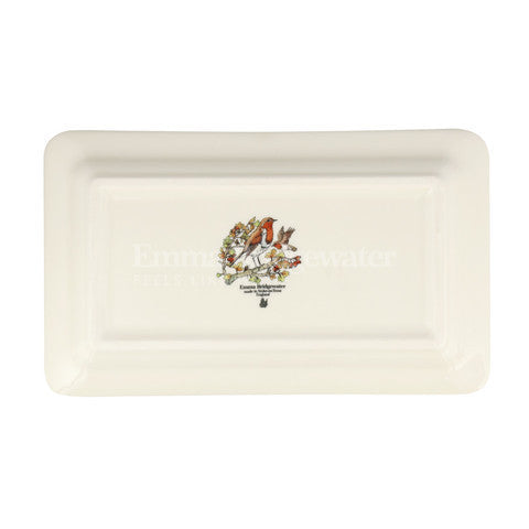 Handmade medium oblong plate in Emma Bridgewater's Birds in the Hedgerow Rosehip & Robin pattern.