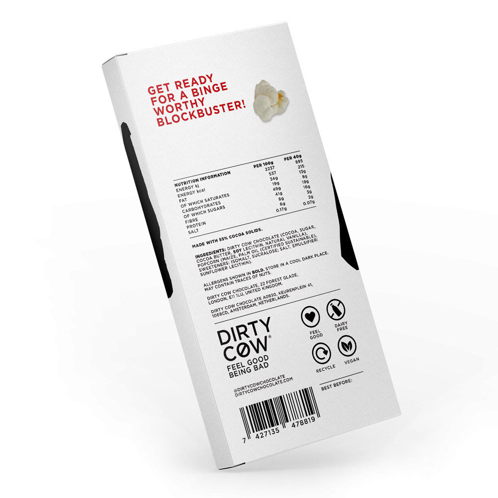 Netflix & Chill Popcorn Plant Based Chocolate Bar 80g by Dirty Cow