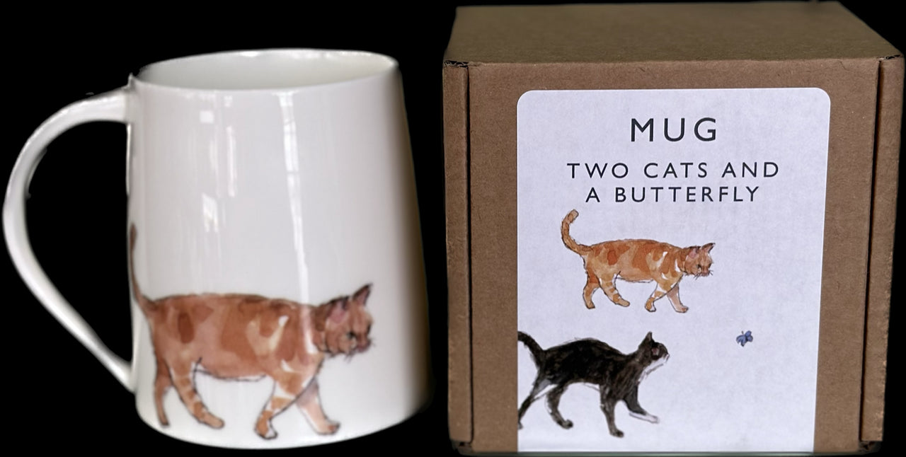 Two Cats and a Butterfly Mug Bone China Mug by Helen Beard.