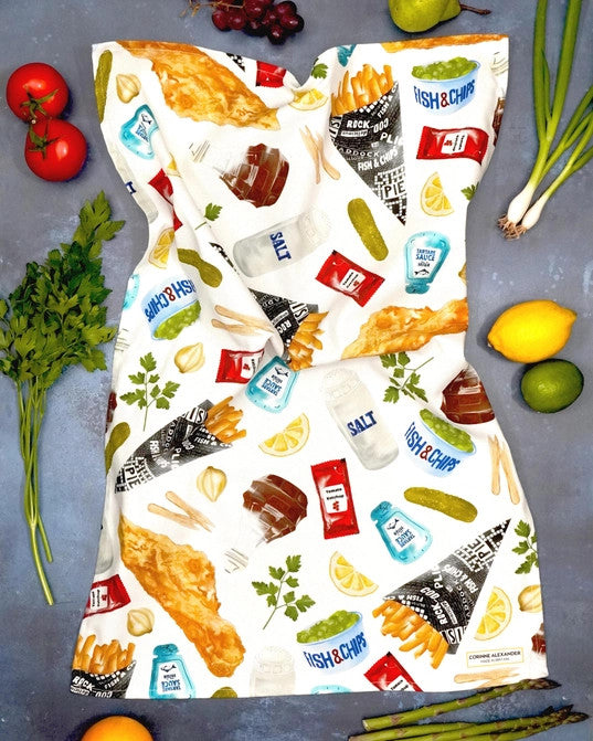 Fish and Chip Tea Towel by Corinne Alexander.