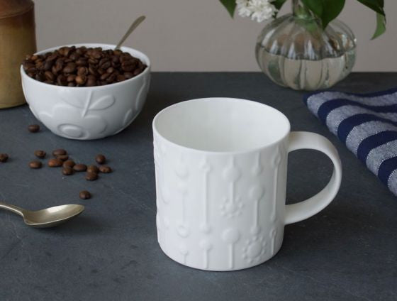 Repeat Repeat's White Bone China Medium Tom Tom Fizz mug. Made in England.