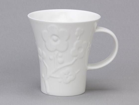 Repeat Repeat's White Bone China Flute Cherry Blossom Mug. Made in England.