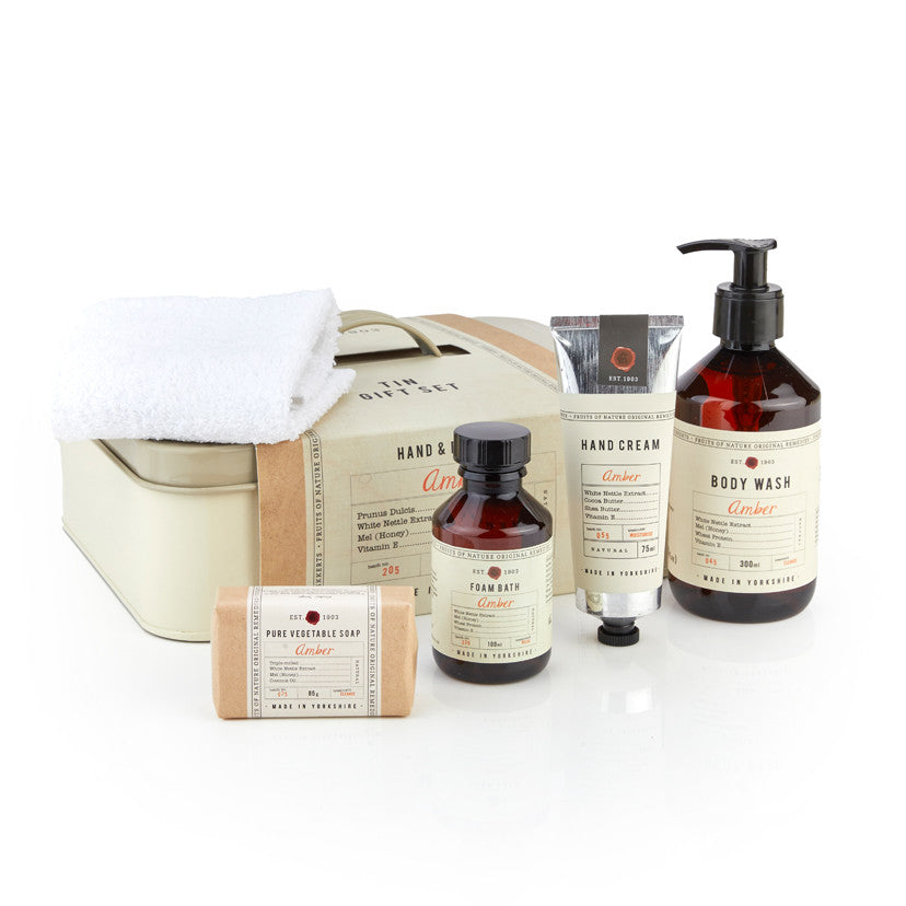 Fruits of Nature Amber Hand & Body Tin Gift Set by Fikkerts of England.
