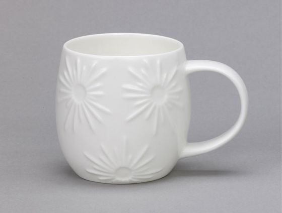 Repeat Repeat's White Bone China Plum mug. Made in England.
