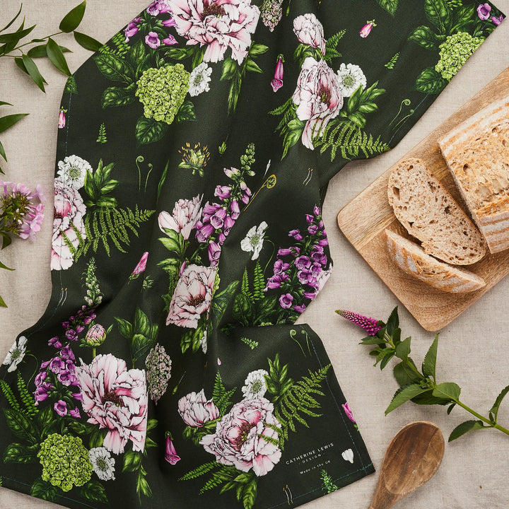 Summer Garden Tea Towel - Dark Green
