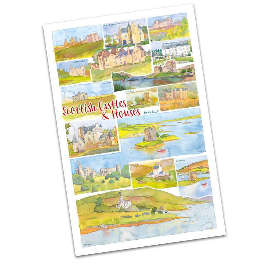 100% Cotton Scottish Castles & Houses by Emma Ball Tea Towel
