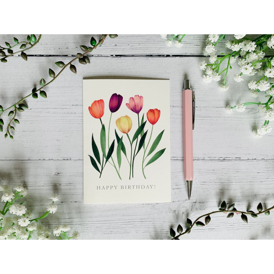 Happy Birthday Tulips Greeting card by Becky Amelia.