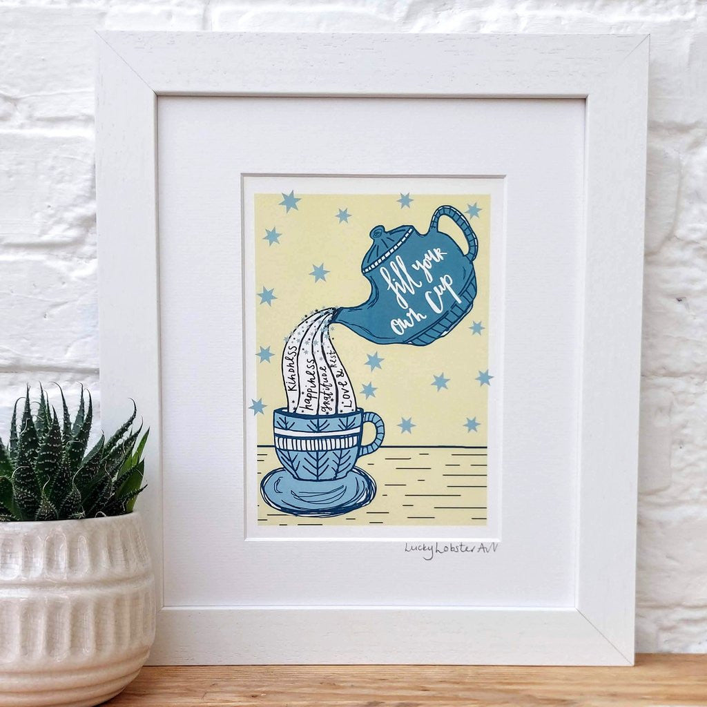 Fill Your Own Cup framed print taken from the original lino print artwork from Lucky Lobster Art.