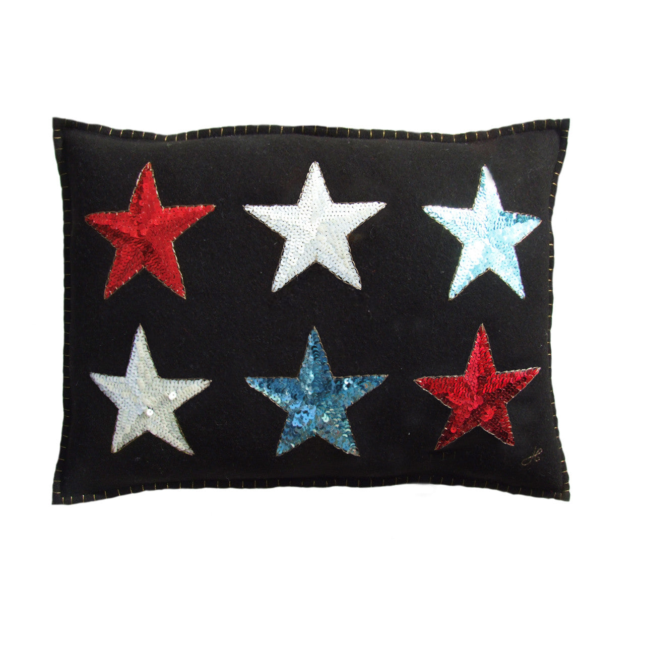 Jan Constantine 6 star glam rock hand-embroidered cushion.