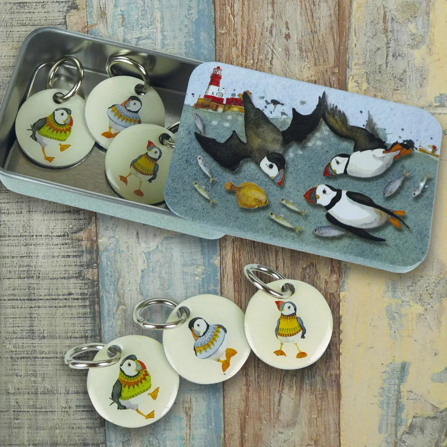 Diving Puffins Set of 6 Woolly Puffins Stitch Markers from Emma Ball.