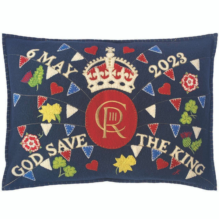 Jan Constantine Coronation Party hand-embroidered felt cushion in navy.